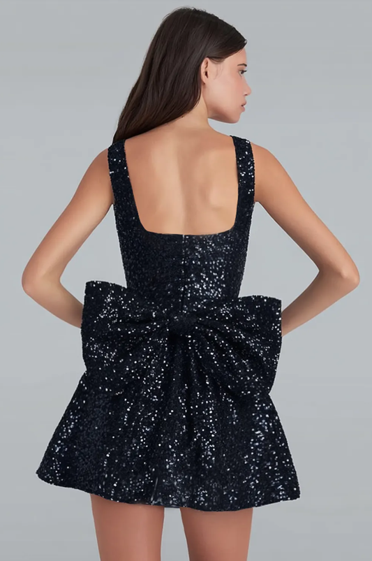 Sequin Bow Back Mini Dress A-Line Sleeveless Square Neck Sparkly Party Homecoming Dress