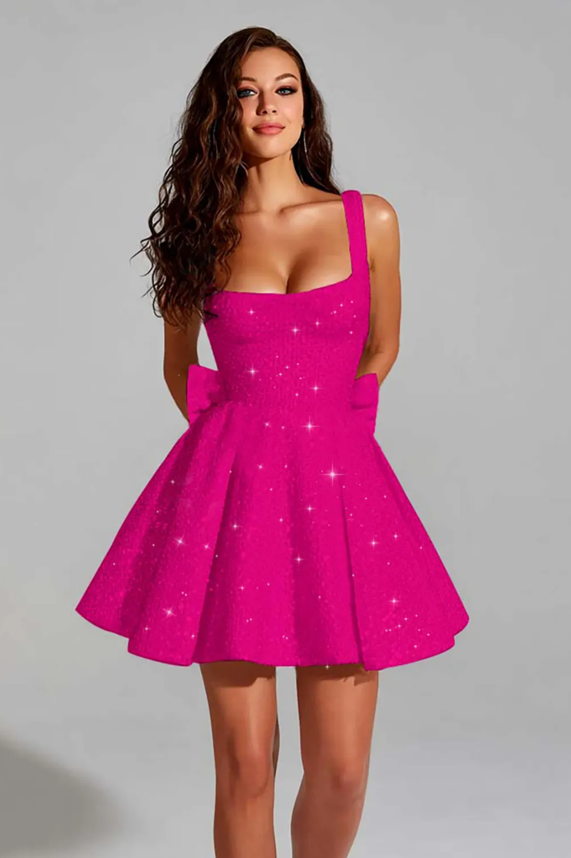 Mini vestido sin mangas de lentejuelas con lazo en la espalda, escote cuadrado, brillante, para fiesta de graduación
