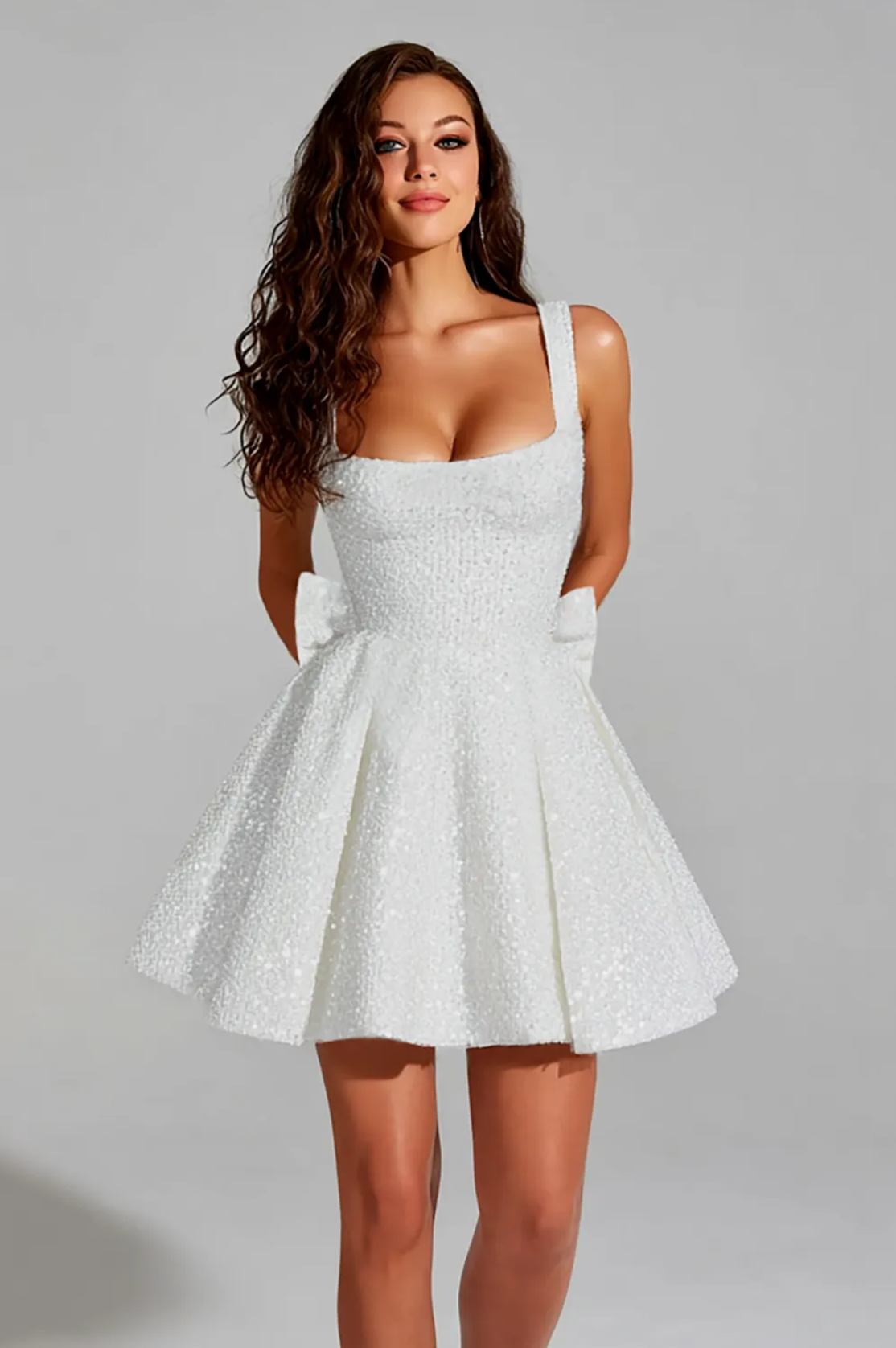 Mini vestido sin mangas de lentejuelas con lazo en la espalda, escote cuadrado, brillante, para fiesta de graduación