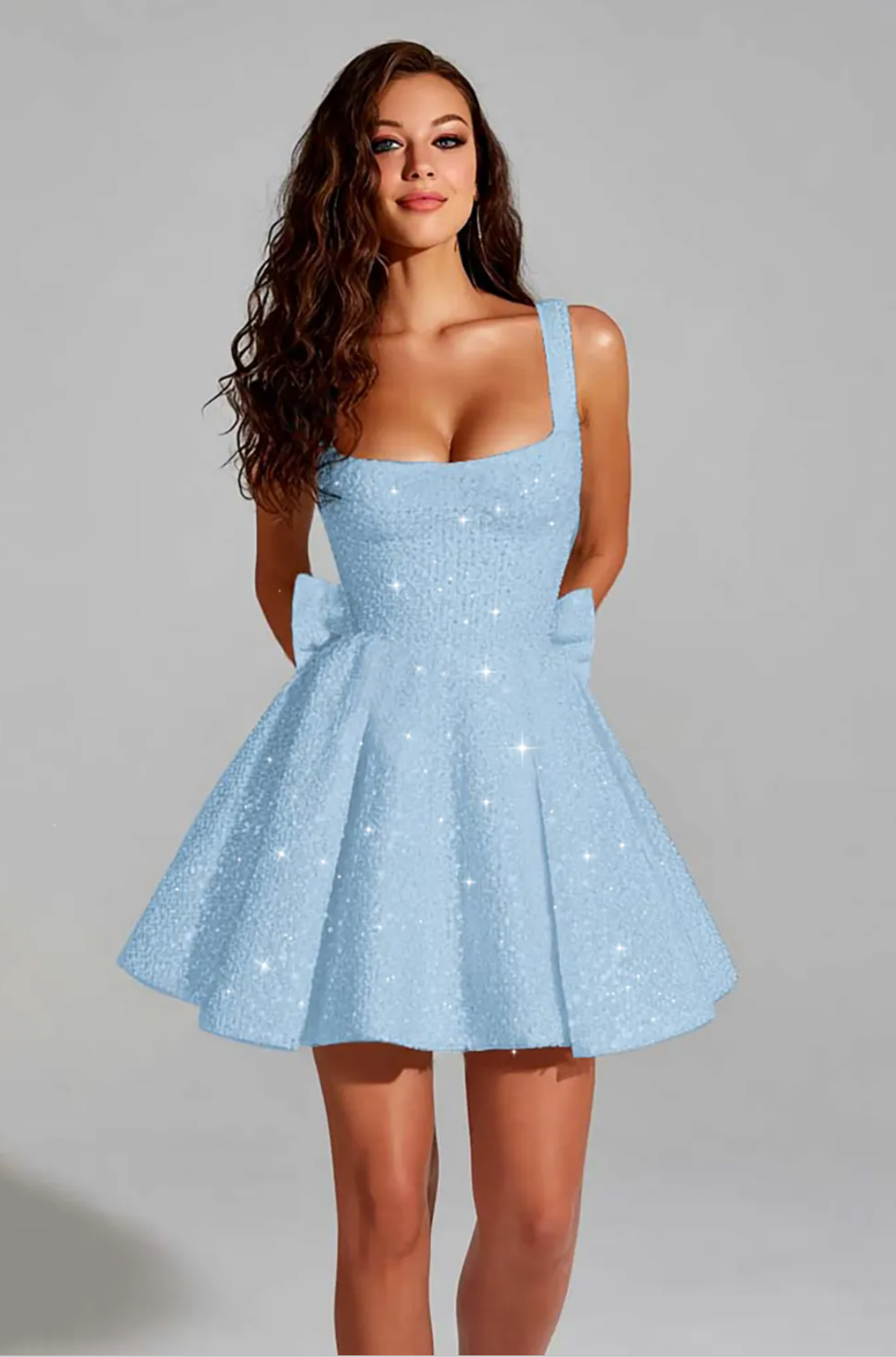 Mini vestido sin mangas de lentejuelas con lazo en la espalda, escote cuadrado, brillante, para fiesta de graduación
