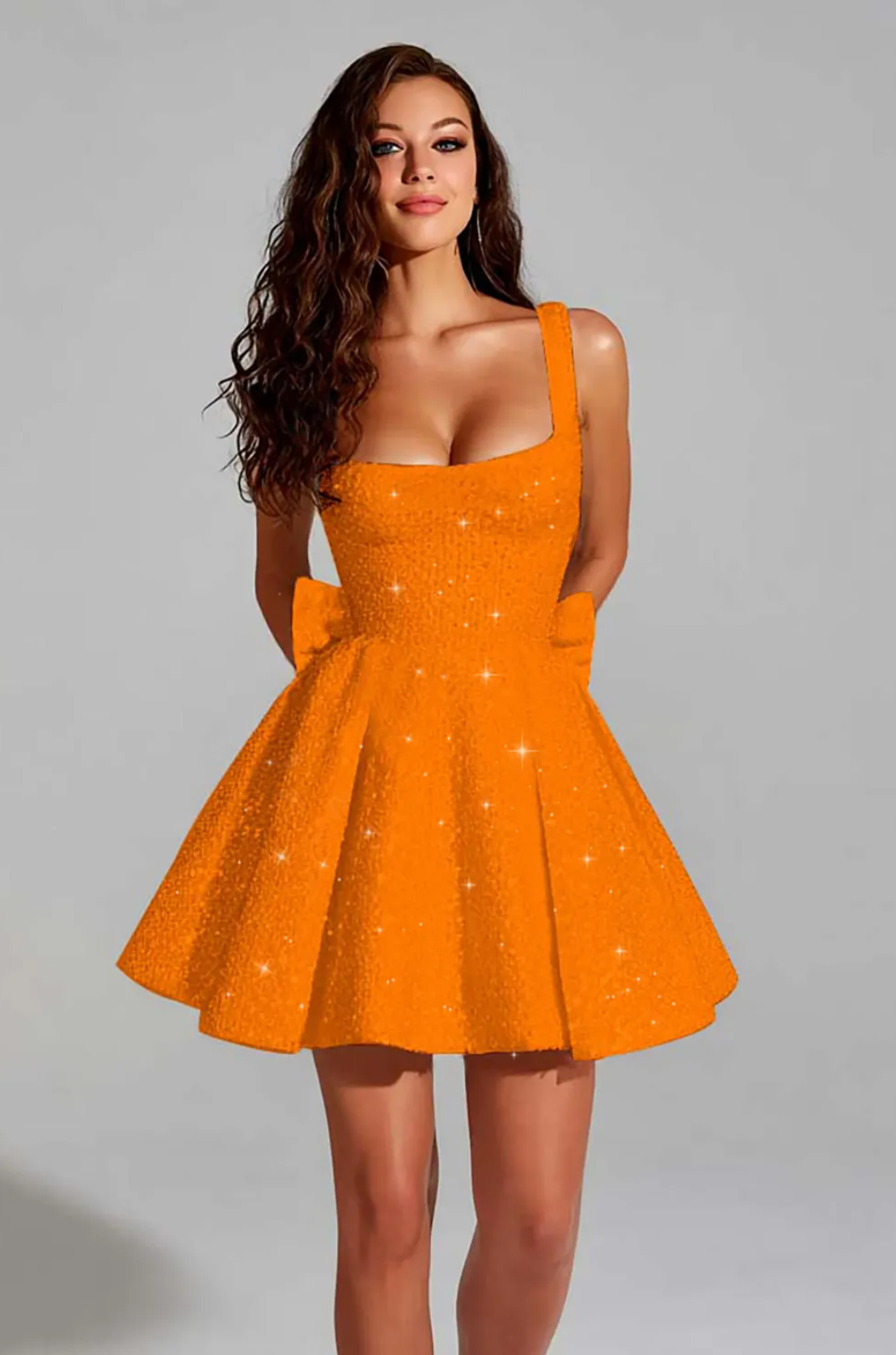 Mini vestido sin mangas de lentejuelas con lazo en la espalda, escote cuadrado, brillante, para fiesta de graduación