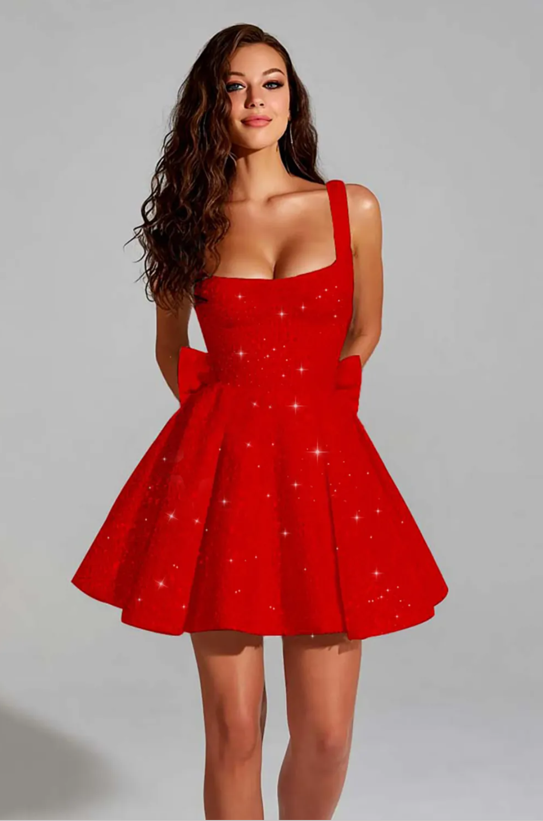 Mini vestido sin mangas de lentejuelas con lazo en la espalda, escote cuadrado, brillante, para fiesta de graduación