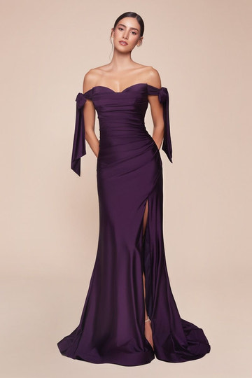 Vestido de dama de honor de satén con hombros descubiertos y corte sirena - Vestido formal de dama de honor y fiesta de graduación con detalle de lazo y abertura alta