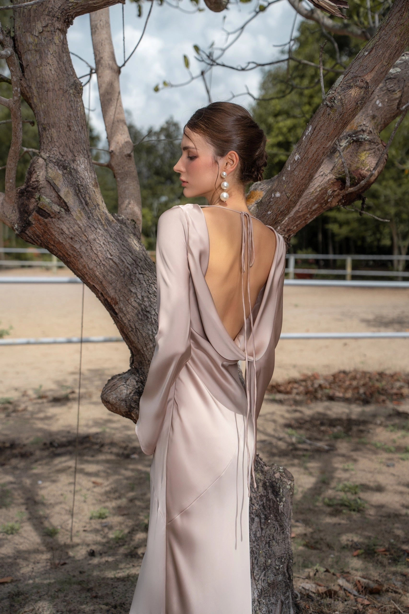 Mermaid Satin Boat‑Neck Long‑Sleeve Draped Tie‑Back Maxi Prom Dress