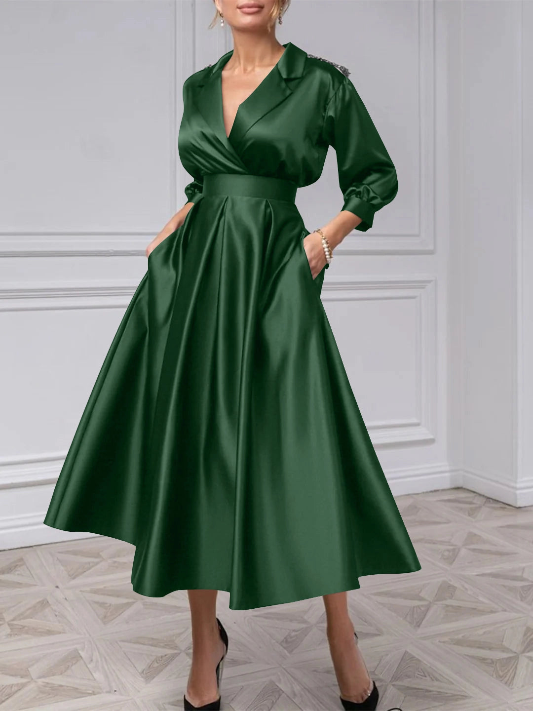 Sophisticated A‑Line Lapel‑V 3/4‑Sleeve Tie‑Back Midi Mother Of The Bride Dress