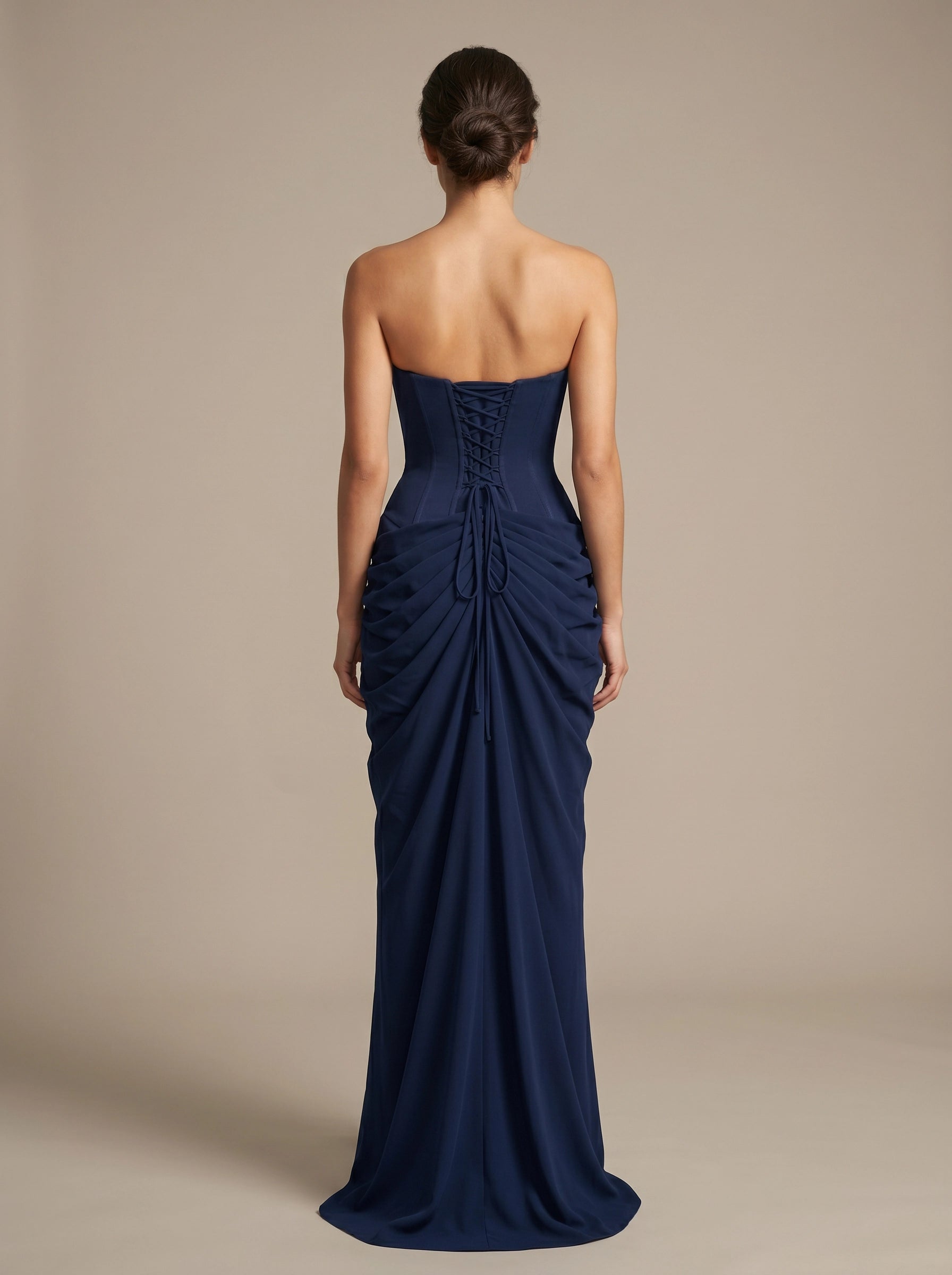 Pale‑Yellow Mermaid Strapless Draped Lace‑Up‑Back Slit Bridesmaid Dress