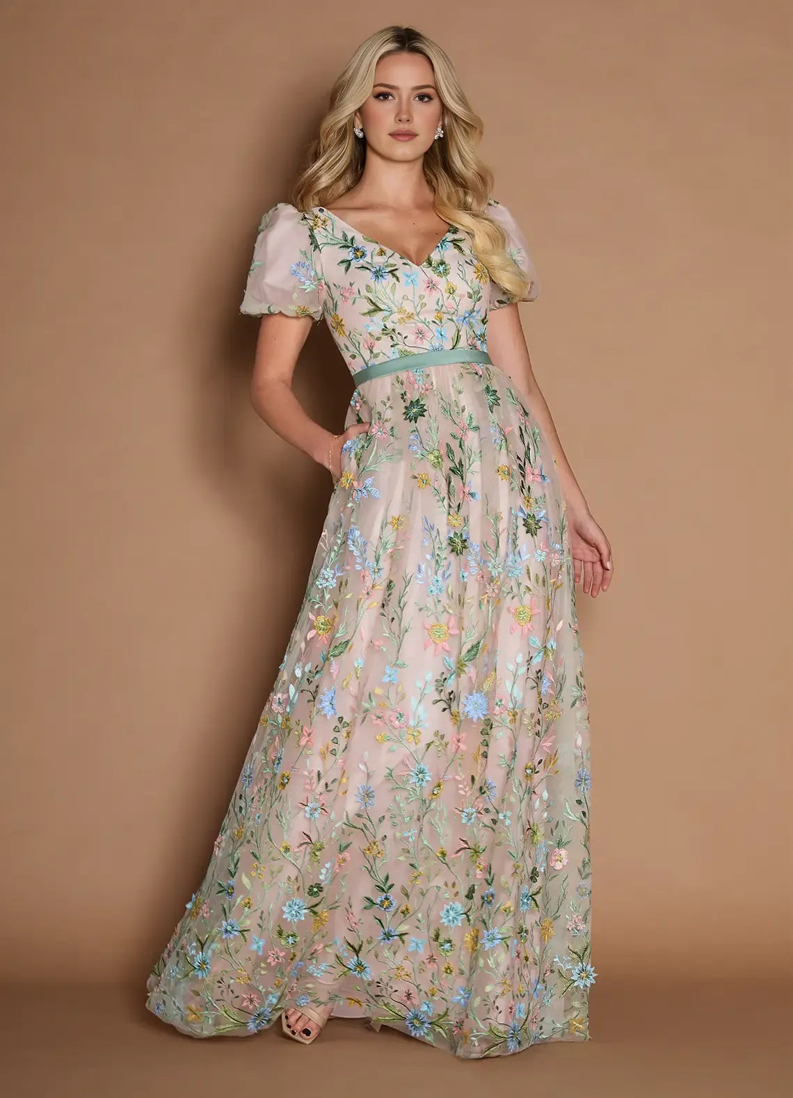 Dreamy Aline Vneck ShortSleeve Tulle Floor Length Waist band Embroidery Party Dress