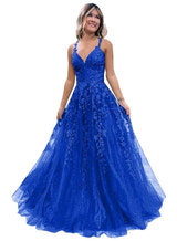 Sparkly Lace V-Neck Prom Dress with Corset Back, Spaghetti Straps A-Line Tulle Formal Evening Gown for Women