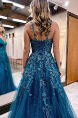 Sparkly Lace V-Neck Prom Dress with Corset Back, Spaghetti Straps A-Line Tulle Formal Evening Gown for Women