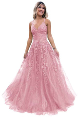 Sparkly Lace V-Neck Prom Dress with Corset Back, Spaghetti Straps A-Line Tulle Formal Evening Gown for Women