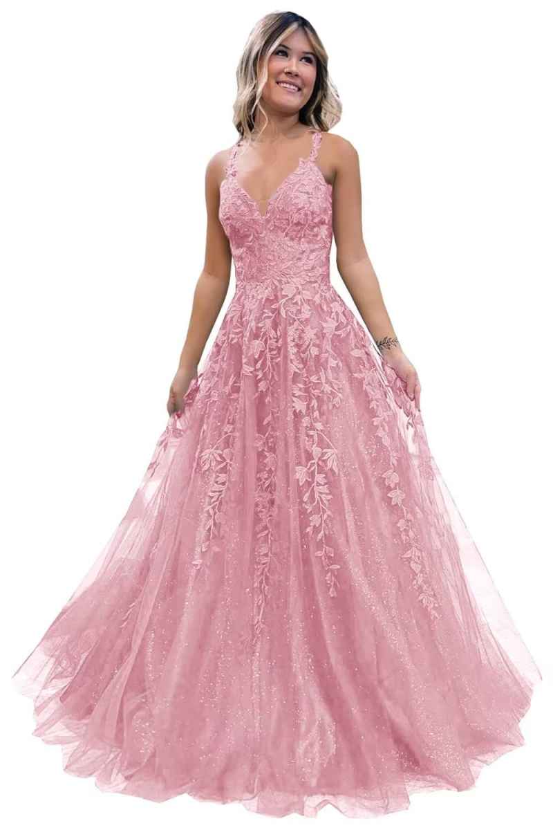 Sparkly Lace V-Neck Prom Dress with Corset Back, Spaghetti Straps A-Line Tulle Formal Evening Gown for Women