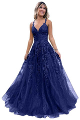 Sparkly Lace V-Neck Prom Dress with Corset Back, Spaghetti Straps A-Line Tulle Formal Evening Gown for Women