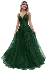Sparkly Lace V-Neck Prom Dress with Corset Back, Spaghetti Straps A-Line Tulle Formal Evening Gown for Women