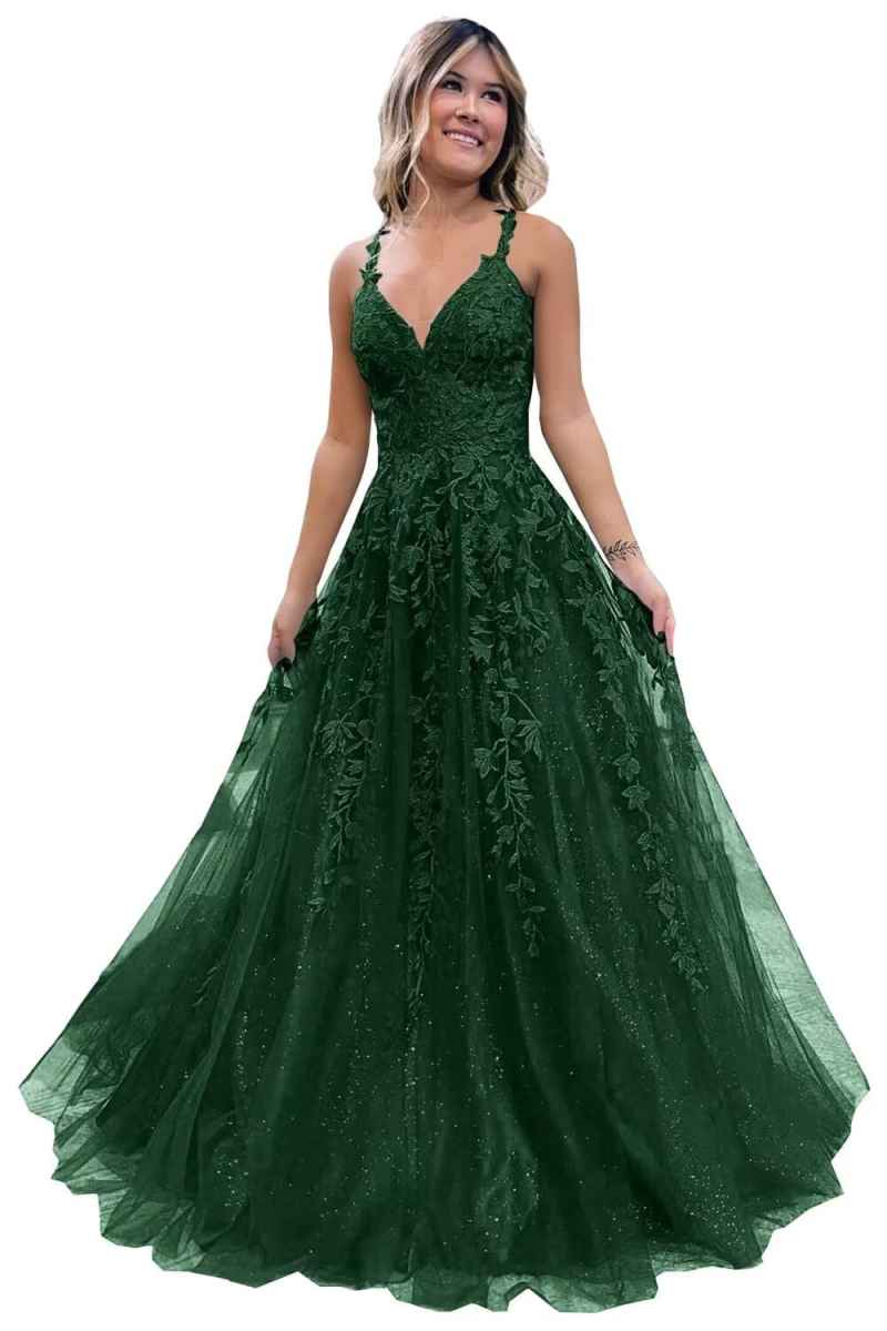 Sparkly Lace V-Neck Prom Dress with Corset Back, Spaghetti Straps A-Line Tulle Formal Evening Gown for Women