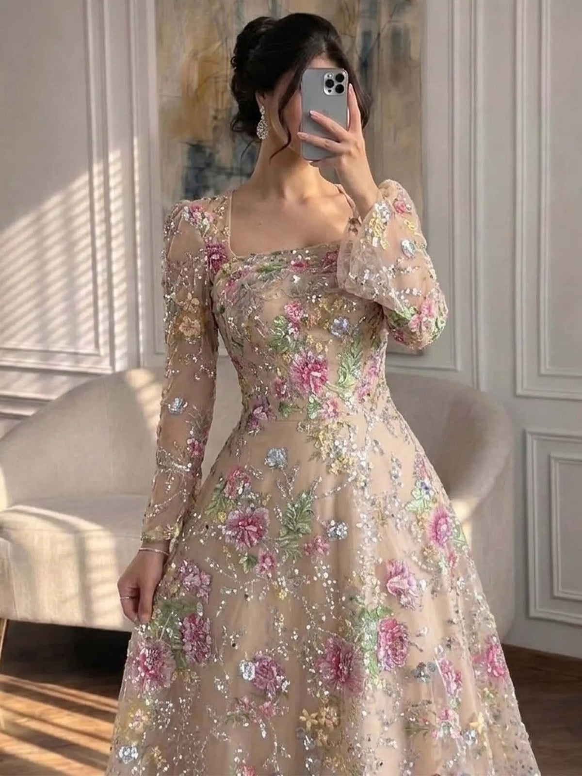 Romantic A-Line Square Neck Long Sleeve Illusion Back Floor-Length Prom Dress