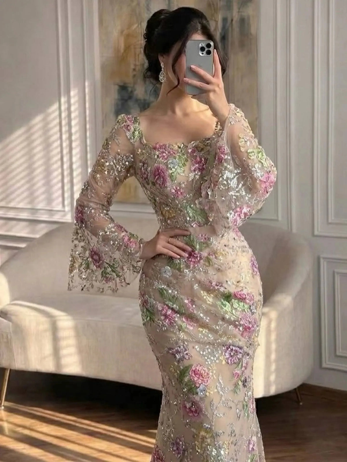 Romantic Floral Mermaid Square Neckline Long Sleeve Zip Back Floor-Length Prom Dress