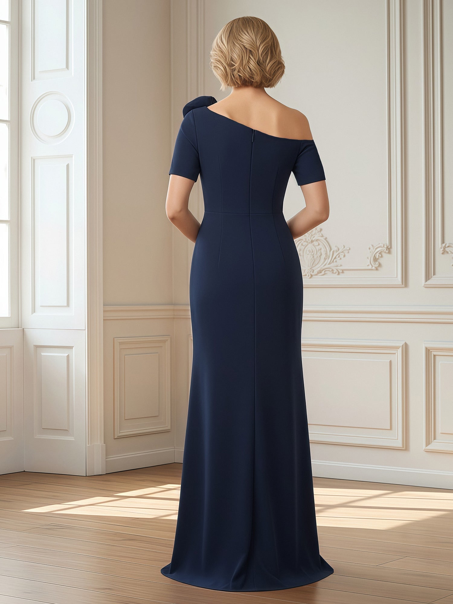 Navy Blue One-Shoulder Formal Gown 3D Floral Applique Short Sleeve High Slit Mermaid Maxi Dress for Mother of the Bride and Black-Tie Events
