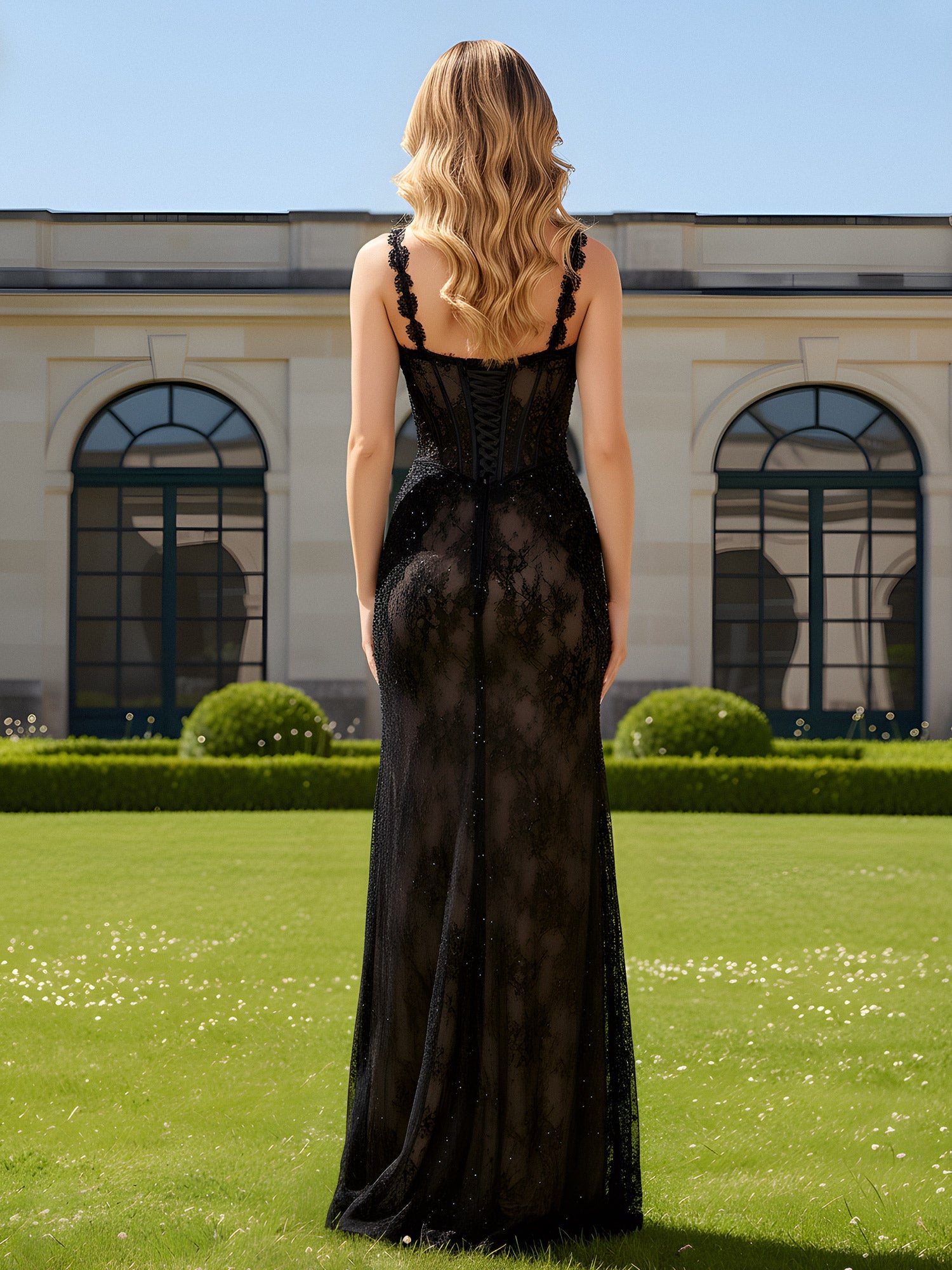 Luxury Black Lace Evening Gown Spaghetti Strap Beaded Corset Bodice with Sheer High Slit Mermaid Maxi Dress for Gala Events, Red Carpet Appearances