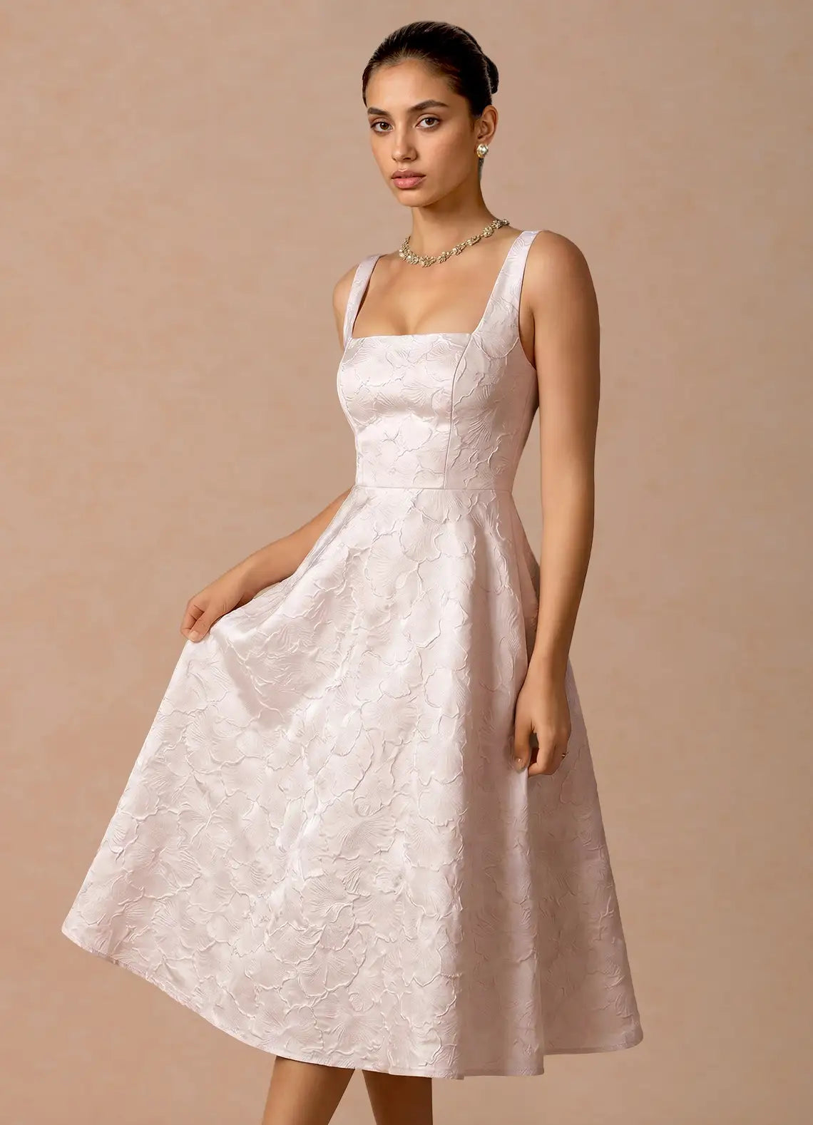 Elegant Flare Square Sleeveless Jacquard Midi Corset Back Pockets Cocktail Dress