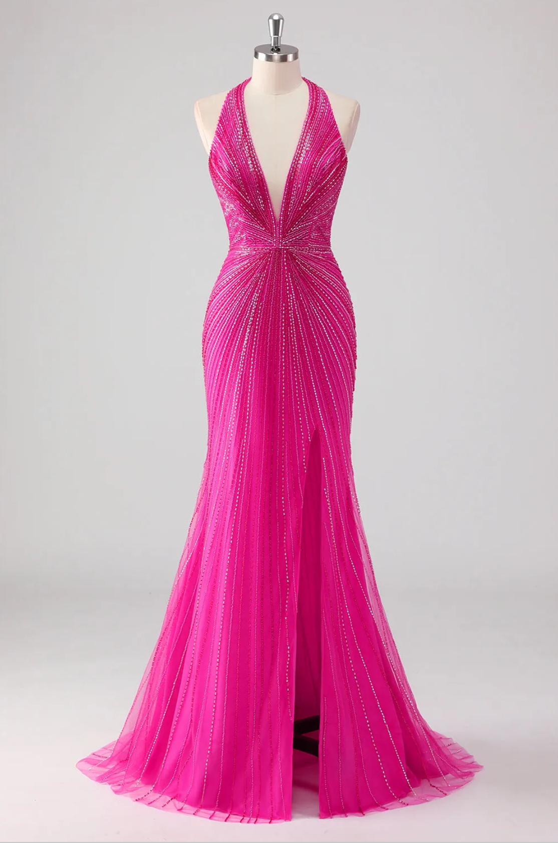 Elegante Vestido de Noche de Sirena Rosa Fuerte con Purpurina, Cuello Halter, Cuentas y Abertura Alta para Fiesta de Graduación