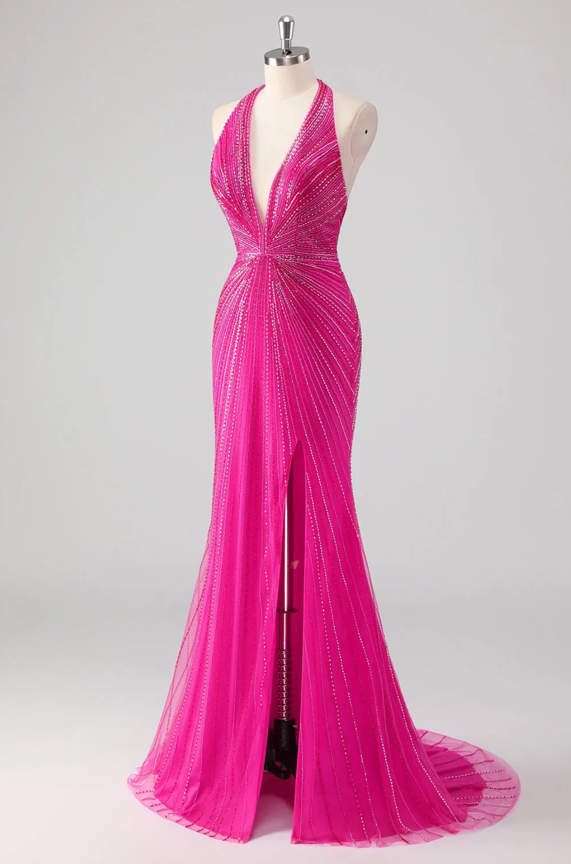 Elegante Vestido de Noche de Sirena Rosa Fuerte con Purpurina, Cuello Halter, Cuentas y Abertura Alta para Fiesta de Graduación
