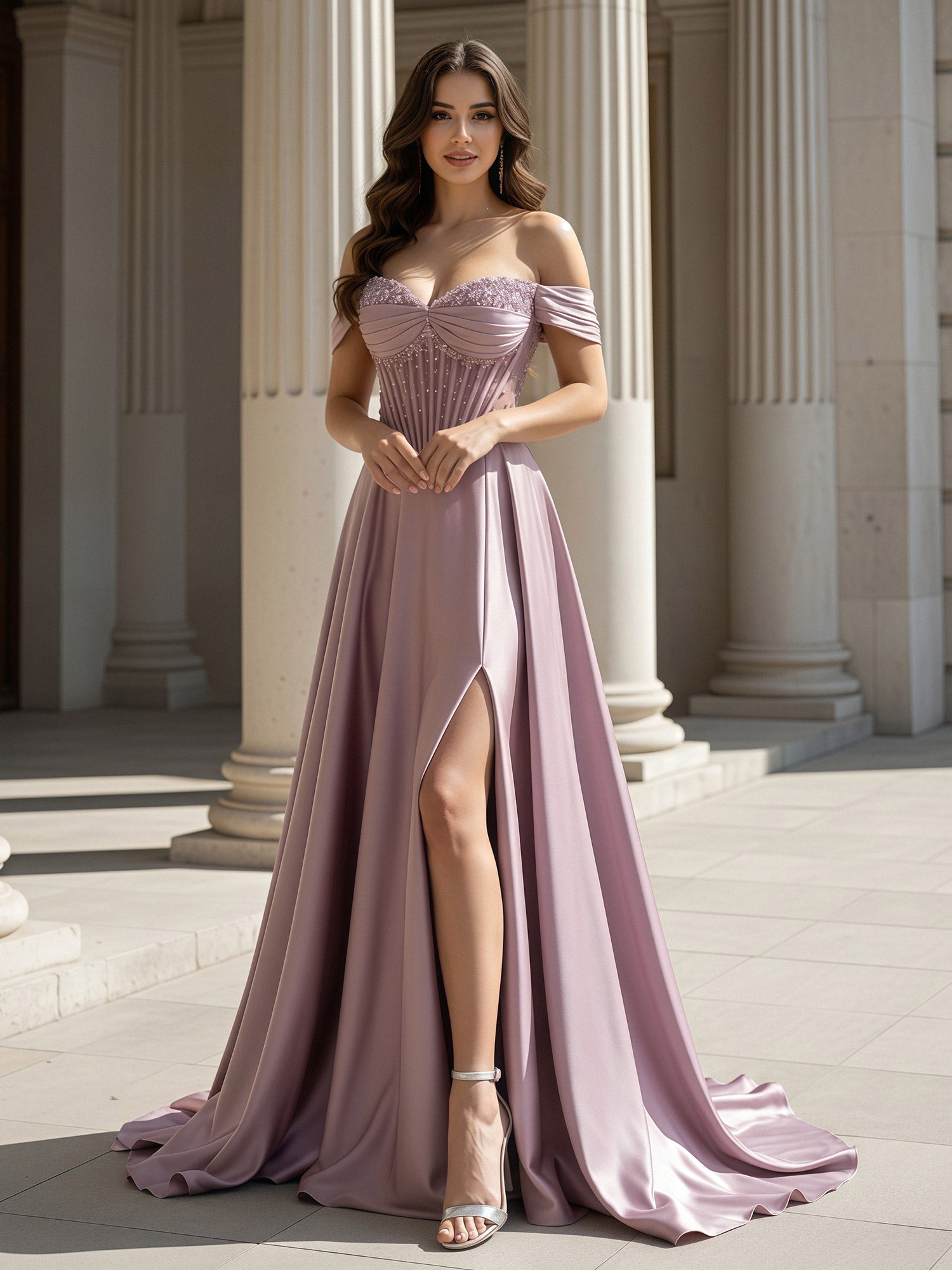 Evening Dresses Red Satin High Slit Formal Maxi Dress Off-the-Shoulder Beaded Corset Bodice A-Line Gown with Train