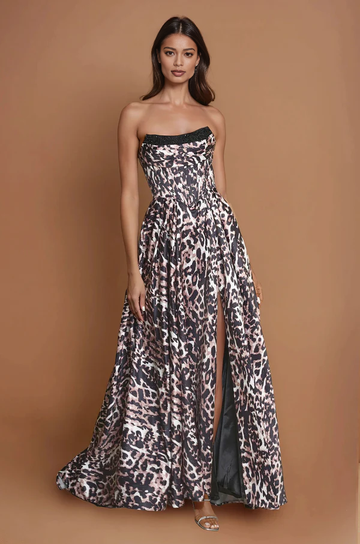 Leopard print strapless prom gown with structured bodice, high side slit, A-line skirt, and satin-like formal finish by VEDRESS