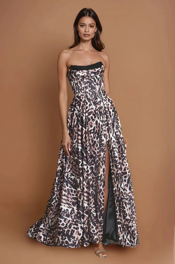 Leopard print strapless prom gown with structured bodice, high side slit, A-line skirt, and satin-like formal finish by VEDRESS