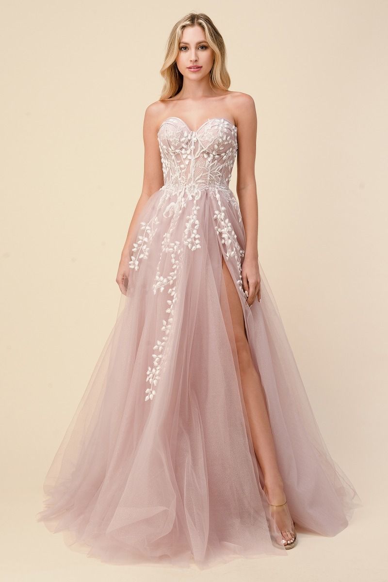 Dusty Blue Glitter Tulle A-Line Gown - Strapless Sweetheart Lace Applique High Slit Prom Dress