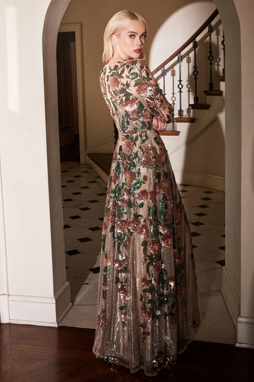 Luxury Nude Sequin Floral A-Line Gown - Long Sleeve Sheer Mesh Formal Evening & Prom Dress