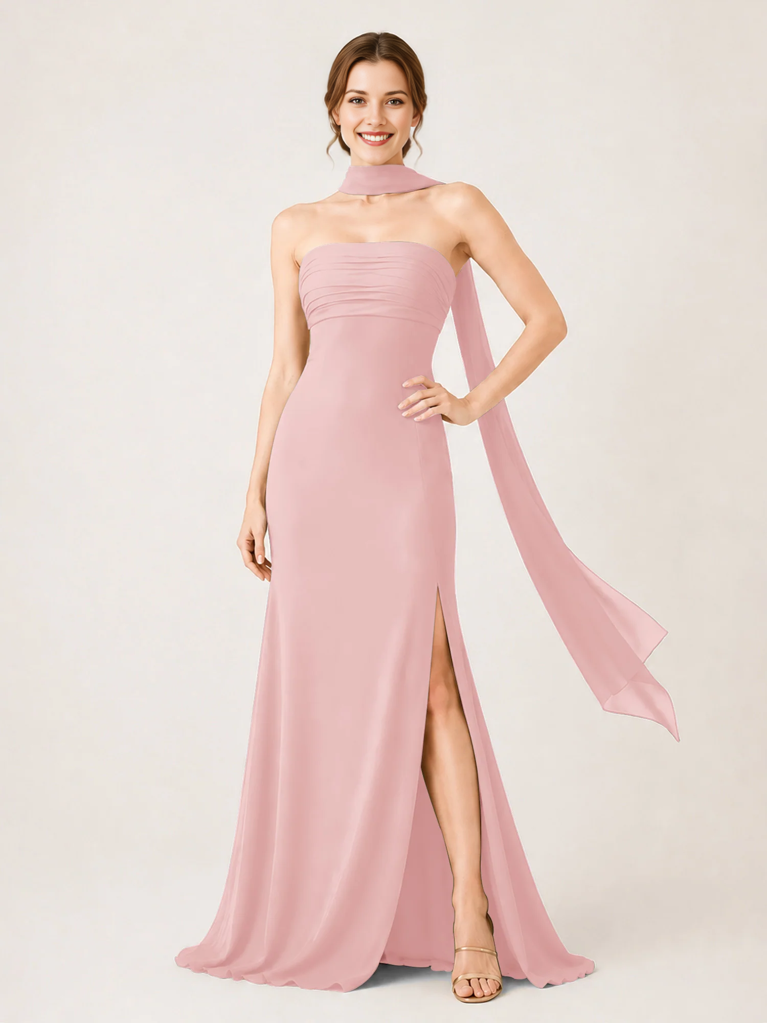 Strapless Ruched Chiffon Mermaid Bridesmaid Dress with Choker Scarf & High Slit