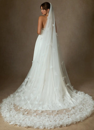 Ethereal Sheer Tulle 3D Floral Cathedral Length Bridal Wedding Veil