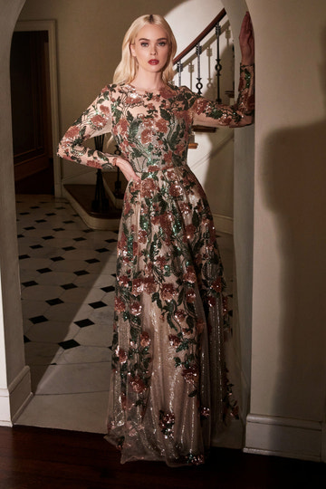 Luxury Nude Sequin Floral A-Line Gown - Long Sleeve Sheer Mesh Formal Evening & Prom Dress