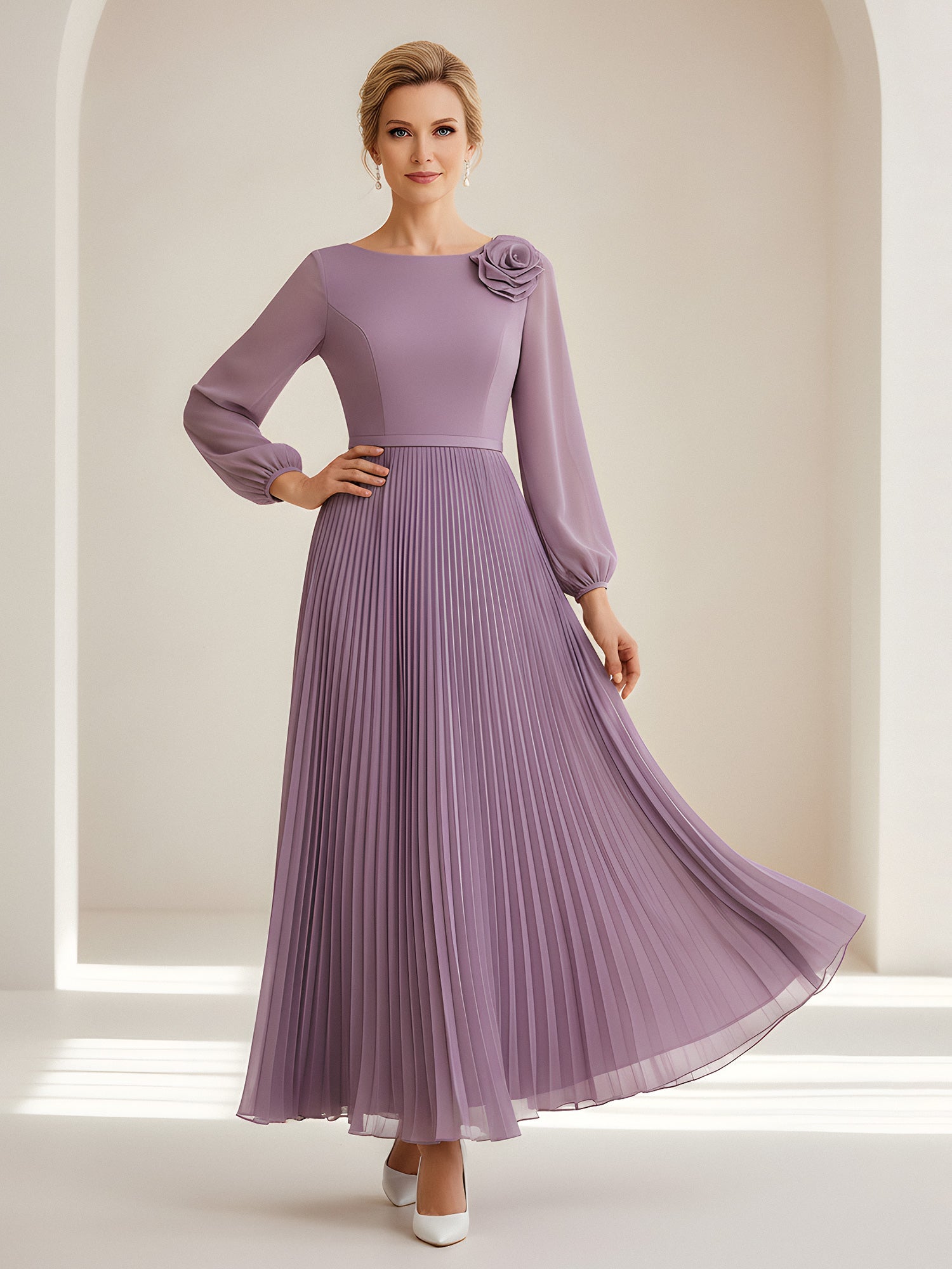 Wisteria Chiffon Mother of the Bride Gown Long Puff Sleeve Boat Neck with 3D Floral Detail Pleated Maxi Dress Perfect for Wedding Receptions and Bridal Events