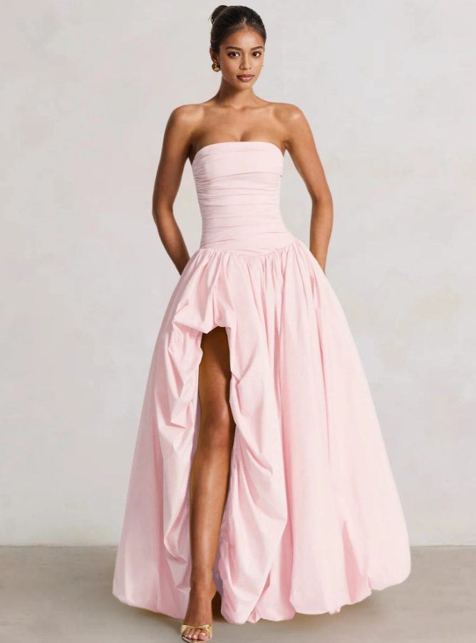 A-Line Ball Gown Strapless Ruched Side Split With Pleats&Back Lace-Up Wedding Guest Dresses