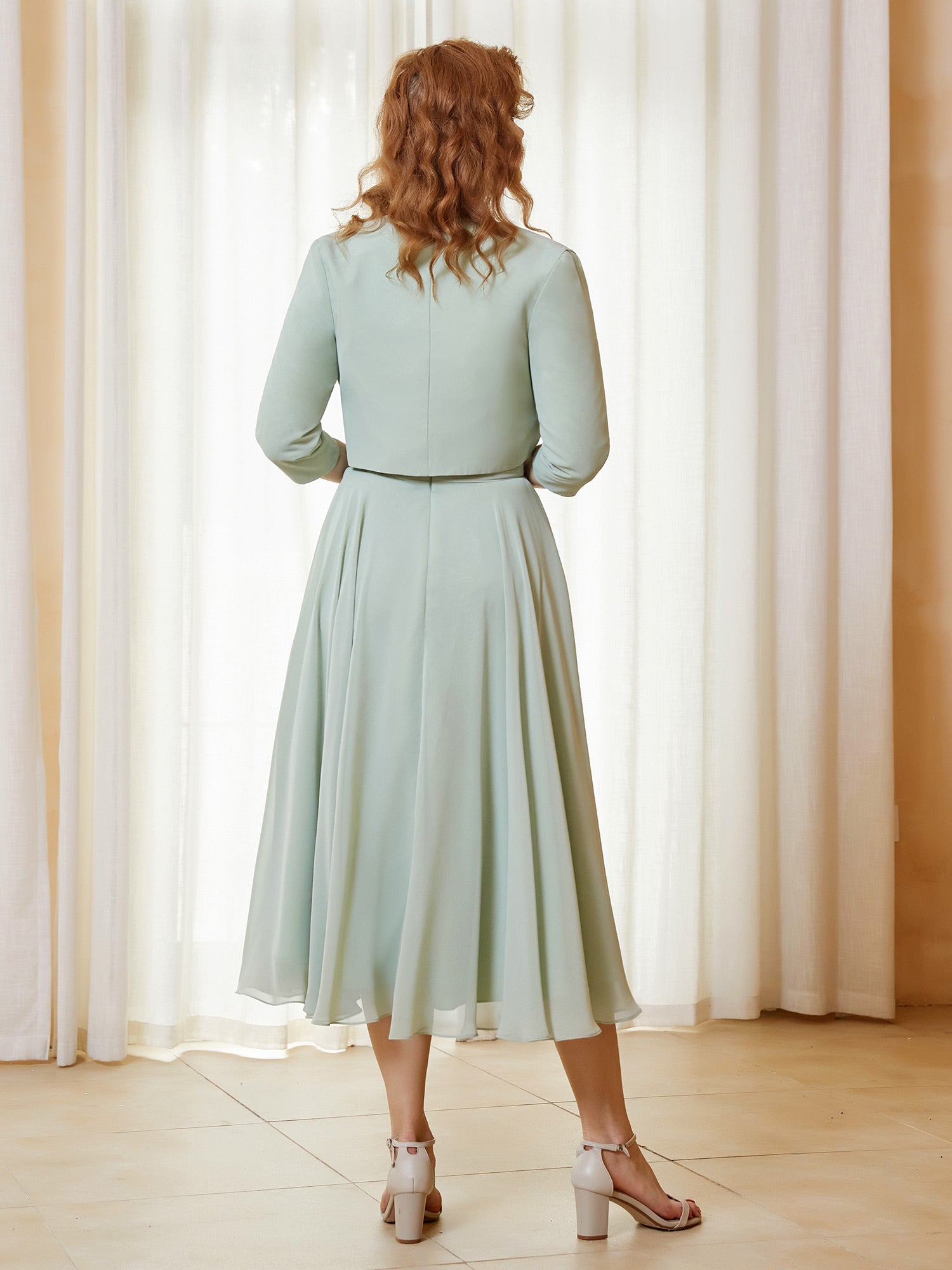 Dusty Sage Chiffon Mother of the Bride Dress Sheer Neck Lace Bodice with Crystal Accent A-Line Midi Dress and Matching 3/4 Sleeve