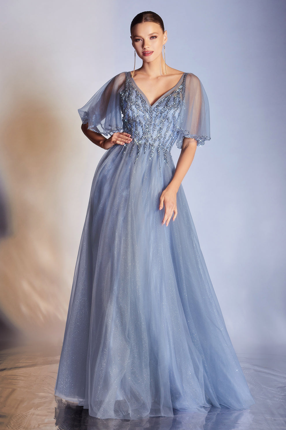 Wedding Guests Glitter Tulle A-Line Gown - Beaded V-Neck Sheer Puff Sleeve Formal Evening & Prom Dress