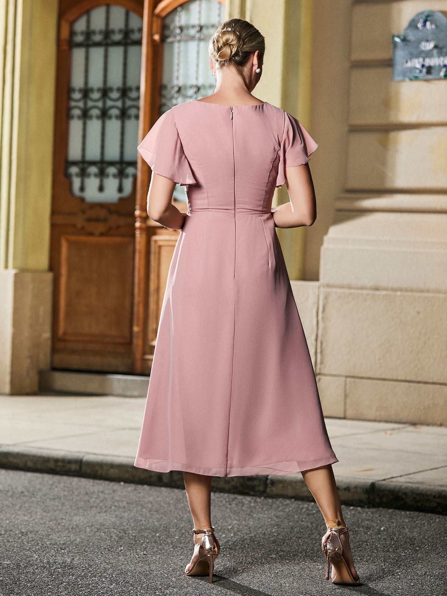 Dusty Rose Chiffon Mother of the Bride Dress V-Neck Ruffle Sleeve Ruched Waist A-Line Midi Dress