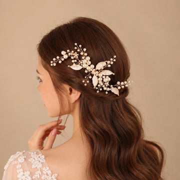 Champagne Gold Pearl and Leaf Bridal Hairpiece