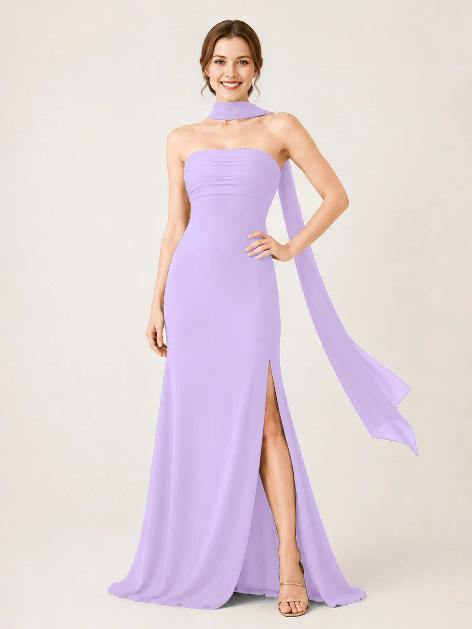 Strapless Ruched Chiffon Mermaid Bridesmaid Dress with Choker Scarf & High Slit