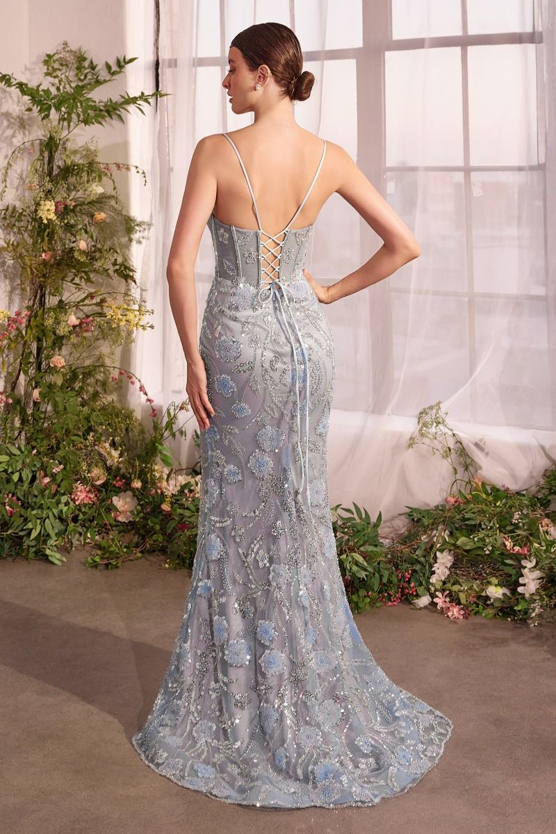Pale Blue Spaghetti Strap Beaded Floral Mermaid Gown - Glamorous Formal Evening Dress