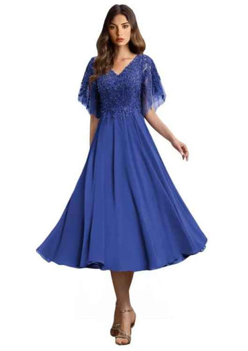 Elegant Lace & Beaded Tea-Length Formal Dress | V-Neck Flutter Sleeve Chiffon A-Line Midi Gown for Evening Party