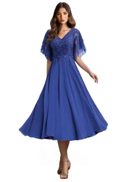 Elegant Lace & Beaded Tea-Length Formal Dress | V-Neck Flutter Sleeve Chiffon A-Line Midi Gown for Evening Party