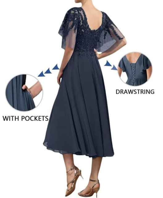Elegant Lace & Beaded Tea-Length Formal Dress | V-Neck Flutter Sleeve Chiffon A-Line Midi Gown for Evening Party