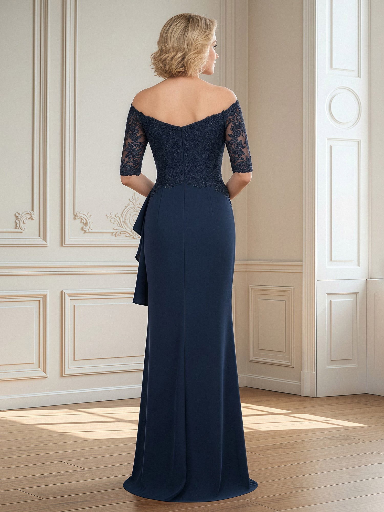 Navy Blue Off-the-Shoulder Lace Formal Gown Sweetheart Neck 3/4 Sleeve Ruffled Peplum Waist Mermaid Maxi Dress with Train for Mother of the Bride