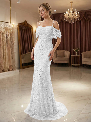 Champagne Off Shoulder Spaghetti Strap Sequin Mermaid Long Prom Dress With Train