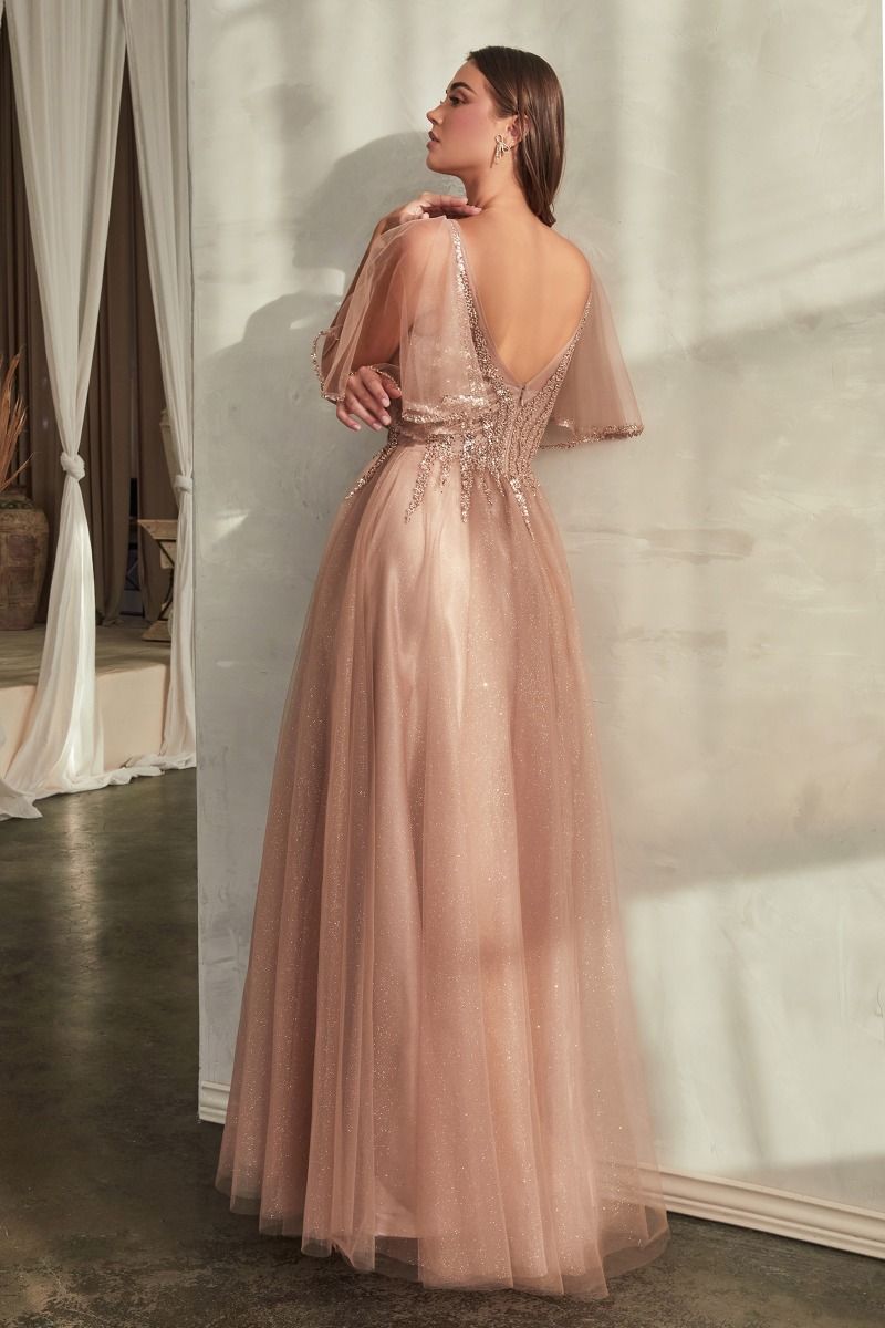 Vestido de noche y fiesta de graduación formal con brillos, tul, corte A, escote en V con cuentas y mangas abullonadas transparentes para invitadas de boda