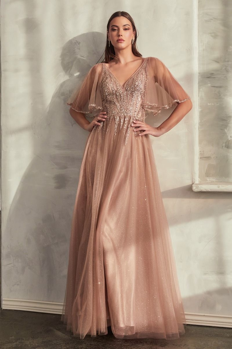 Vestido de noche y fiesta de graduación formal con brillos, tul, corte A, escote en V con cuentas y mangas abullonadas transparentes para invitadas de boda