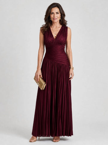 Elegant A-Line V-Neck Sleeveless Ruched Pleated Mother of the Bride Dress