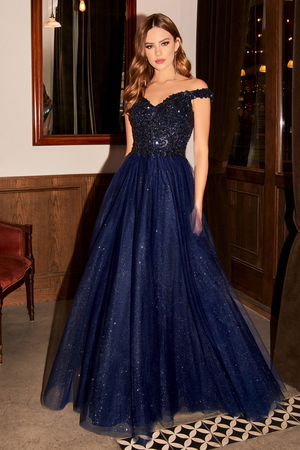 Vestido de Gala y Boda Línea A de Tul con Brillantina Dorado Champán - Escote Corazón con Cuentas y Hombros Caídos